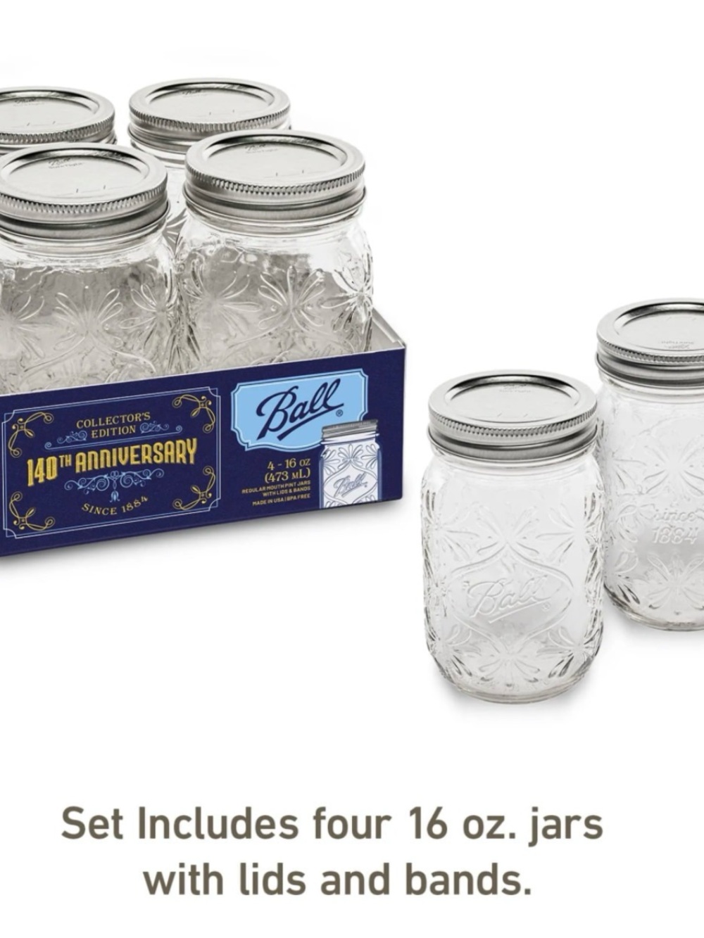 Ball 140th Anniversary 16 oz Mason Jars - Clear Glass (Set of 4)